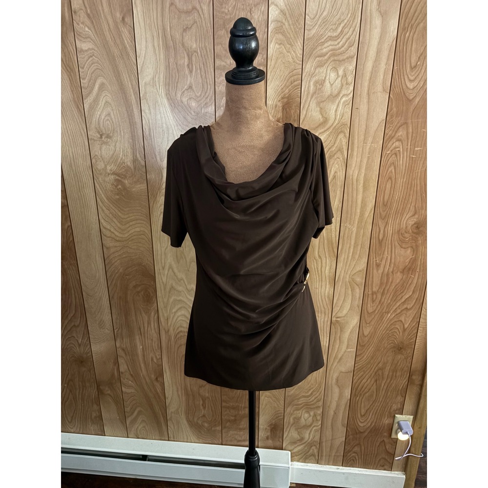 Jason Maxwell Womens Brown Cowl Neck Ruched Side Blouse with Silver Hardware XL